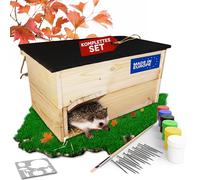 Eli Hedgehog House Construction Kit for Children with Rat Flap and Labyrinth Entrance Made of Pine Wood for Painting - Includes 6 Colours - Brushes - Screws - Stencils & Templates