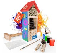 Eli® Insect Hotel Construction Kit for Children Made of Pine Wood for Painting - Includes 6 Colours - Brush - Hammer - Nails - Stencils & Templates - DIY Bee House & Wild Bee Hotel for Garden