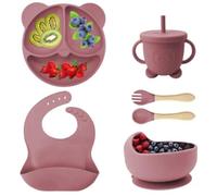 Eliano 6-Piece Silicone Baby Tableware Set - BPA-Free - Non-Slip Plate & Bowl, Bib, Drinking Cup with Straw & Cutlery - Baby LED Weaning Set (Red)