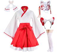 Elibelle Japanese Anime red and White Kimono Fox Cosplay Costume Furry Fox Ear Mask with Socks S