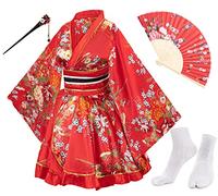 Elibelle Japanese Anime Women's Dance Kimono Robe Fancy Dress Yukata Silk Folding Fans Tabi Hairstick Socks set Red Large