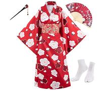 Elibelle Japanese Anime Women's Long Kimono Robe Fancy Dress Hand Held Silk Folding Fans Tabi Socks Hairstick set Sakura Red