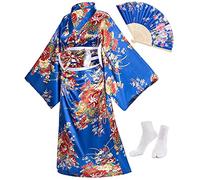 Elibelle Japanese Anime Women's Long Kimono Robe Fancy Dress Hand Held Silk Folding Fans Tabi Socks Obi Belt set Blue