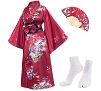 Elibelle Japanese Anime Women's Long Kimono Robe Fancy Dress Hand Held Silk Folding Fans Tabi Socks set Wine red Plus size