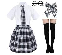 Elibelle Japanese Tartan Pleated School Uniform Cosplay Costumes with Socks Eyeglass Frame Set (Black)(XL = Asia XXL)(SSF10)
