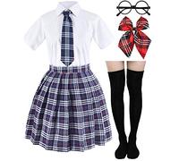 Elibelle Japanese Tartan Pleated School Uniform Cosplay Costumes with Socks Eyeglass Frame Set (Gray)(2XL = Asia 3XL)(SSF11)