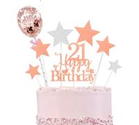 Elicola 21st Birthday Cake Toppers, Elicola 21st Happy Birthday Cake Topper Rose Gold Glitter with Star Topper and Confetti Balloons for 21st Woman Birthday Party Decoration Supplies