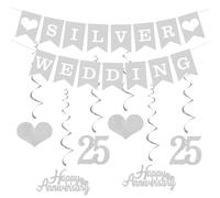 Elicola 25th Anniversary Decorations Silver Wedding Banner Hanging Swirls Happy 25th Anniversary Bunting Backdrop for Party Decorations