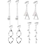 Elicola 4 Pairs Clip On Dangle Earrings, Not Pierced Bar Pearl Triangle Leaves Twisted Drop Dangle Earrings Set for Womens, Silver