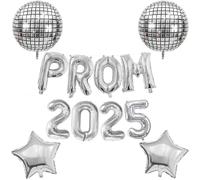 Elicola Prom 2025 Balloons Banner with 2Pcs Star and Prom Disco Ball Foil Balloons Backdrop for High School College Grad Graduation Class of 2025 Party Decorations,Silver