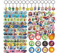 Elie&Eason 88 pcs Mario Party Bag Fillers, 50 Mario Stickers 14 Keychains 12 Stamps 12 Slap Bands Party Bag Favours Bands Birthday Decorations Supplies for Teenagers
