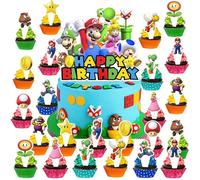 ELIE&EASON Mario Cake Topper, 25 pcs Mario Birthday Decorations, Mario Cake Decorations Birthday Party Supplies for Kids Fans