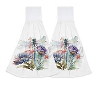 Elightvap 2PCS Floral Kitchen Hand Towels Dragonfly WatercolorHanging Tie Towels with Loop & Hook Soft Dishcloths for Bathroom Washroom
