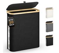 ELIHGTBY 42L Toilet Paper Roll Storage Basket with Lid & Viewing Window-20 Regular Roll-Waterproof Bamboo Loo Roll Organiser-Foldable Bathroom Storage for Wardrobe & Nursery Black