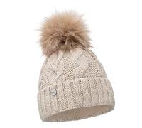 ELIMELI Women's Winter Hat - Beige Bobble Knitted Hat with Faux Fur Bobble & Fleece Lining - One Size Fits All