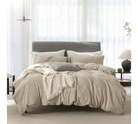 ELIMMO Cooling King Size Duvet Cover Set 3 Pieces-100% Washed Cotton Linen Like Textured Ultra Soft Cozy Bedding with Zipper Closure,Includes 1 Duvet Cover & 2 Pillow Shams(Khaki,King 104"x90")