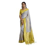 Elina fashion Women's Ready to Wear Banarasi Art Silk One Minute Pre Pleated Indian Saree With Unstiched Blouse, Grey, One size