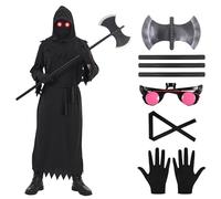 ELINA Grim Reaper Halloween Cosplay Costume with Death Axe,Glowing Glasses and Mask for Kids at Age 7 to 10