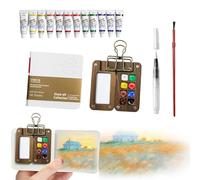 EliphonTowne 5 PCS Mini Watercolour Paint Set Travel - Pocket Artist Watercolour Travel Set, 8 Grids Travel Watercolour Paint Set Portable, Painting Set with Foldable Wooden Palette, Sketchbook, Brush