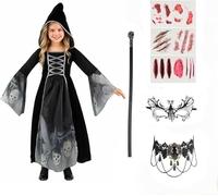 EliphonTowne 5pcs Kids Halloween Costumes about Death - Medieval Tudor Dress with Hooded for Girls, Medieval Costume Girls includes Scepter, Necklace, Lace Eye Mask (Random Style), Tattoo Stickers- M