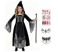 EliphonTowne 5PCS Witch Costumes for Girls - Skeleton Scary Halloween Costumes for Girls, Witch Costume Girls, Medieval Costume Kids includes Scepter, Necklace, Lace Eye Mask, Tattoo Stickers - M