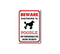 ELIPOS Tin Sign Poodle Sign warns That The Property is Guarded by a Poodle Funny Outdoor Warning Sign Creative Tin Sign Funny Novelty Metal Sign Vintage Wall Decor 8x12inch