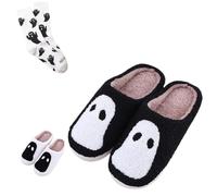 ELIRAR Halloween Ghost face Slippers and Socks for Women and Men Plush Non-slip Cute Fluffy Fall Cartoon Gift Slippers, Black, 7.5-8 US Women/8-8.5 US Men