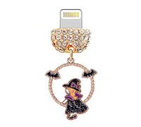 ELISE & FONDA CP503 USB Charging Port Crystal Anti Dust Plug Halloween Witch and Bat Phone Charm for iPhone 13/12/11/ XS MAX/XR/X/8 Plus/7/6S/8/SE iPad iPod (Black), approx. 2.4 cm (L) x 0.3 cm (W) x