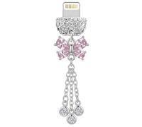 ELISE & FONDA CP725 USB Charging Port Crystal Anti Dust Plug Little Bow with Dangle Chains Phone Charm for iPhone 14/13/12/11/ XS MAX/XR/X/8 Plus/7/6S/8/SE iPad iPod (Pink)