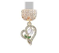 ELISE & FONDA TP1009 Type-C Charging Port Crystal Anti Dust Plug Little Love Heart with Rose Cell Phone Charm for iPhone 15/16/Samsung/OnePlus/Xiaomi/oppo Android Phones (White)