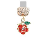 ELISE & FONDA TP1022 Type-C Charging Port Crystal Anti Dust Plug Little 3D Rose Flower Cell Phone Charm for iPhone 15/16/Samsung/OnePlus/Xiaomi/oppo Android Phones (Red)
