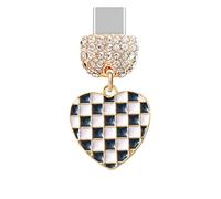 ELISE & FONDA TP1057 Type-C Charging Port Crystal Anti Dust Plug Little Checkered Love Heart Cell Phone Charm for iPhone 15/16/Samsung/OnePlus/Xiaomi/oppo Android Phones (Black & White)