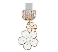 ELISE & FONDA TP209 Type-C Charging Port Crystal Anti Dust Plug Cherry Blossom Cell Phone Charm for Samsung/OnePlus/Xiaomi/oppo Android Phone iPhone 15/16 (White), approx.2.5 cm (L) x 0.2 cm (D) x 3.5