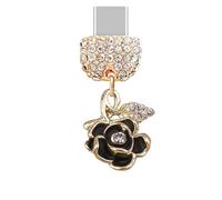 ELISE & FONDA TP278 Type-C USB Charging Port Crystal Anti Dust Plug Little Rose Flower Cell Phone Charm for Samsung/Huawei/OnePlus/Xiaomi/oppo Android Phones (Black), approx.1.5 cm (L) x 0.5 cm (D) x
