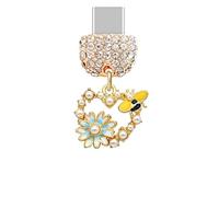 ELISE & FONDA TP873 Type-C Charging Port Crystal Anti Dust Plug Little Love Heart with Honey Bee and Daisy Cell Phone Charm for iPhone 15/16/Samsung/OnePlus/Xiaomi/oppo Android Phones (Blue)