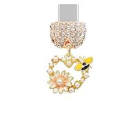 ELISE & FONDA TP874 Type-C Charging Port Crystal Anti Dust Plug Little Love Heart with Honey Bee and Daisy Cell Phone Charm for iPhone 15/16/Samsung/OnePlus/Xiaomi/oppo Android Phones (Pink)