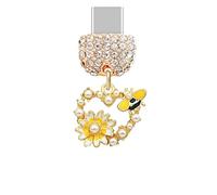 ELISE & FONDA TP875 Type-C Charging Port Crystal Anti Dust Plug Little Love Heart with Honey Bee and Daisy Cell Phone Charm for iPhone 15/16/Samsung/OnePlus/Xiaomi/oppo Android Phones (Yellow)