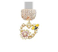 ELISE & FONDA TP876 Type-C Charging Port Crystal Anti Dust Plug Little Love Heart with Honey Bee and Daisy Cell Phone Charm for iPhone 15/16/Samsung/OnePlus/Xiaomi/oppo Android Phones (Purple)