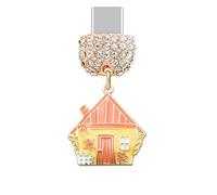 ELISE & FONDA TP894 Type-C Charging Port Crystal Anti Dust Plug Little Halloween House with Wheat Maple Leaf Cell Phone Charm for iPhone 15/16/Samsung/OnePlus/Xiaomi/oppo Android Phones (Yellow)