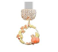 ELISE & FONDA TP898 Type-C Charging Port Crystal Anti Dust Plug Little Halloween Garland with Wheat Maple Leaf and Pumpkin Cell Phone Charm for iPhone 15 /16/Samsung /OnePlus/Xiaomi/oppo Android