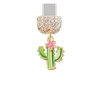 ELISE & FONDA TP945 Type-C Charging Port Crystal Anti Dust Plug Little 3D Cactus Cell Phone Charm for iPhone 15/16/Samsung/OnePlus/Xiaomi/oppo Android Phones (Green)