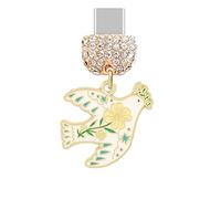ELISE & FONDA TP949 Type-C Charging Port Crystal Anti Dust Plug Little Peace Dove with Flower and Olive Branch Charm for iPhone 15/16/Samsung/OnePlus/Xiaomi/oppo Android Phones (White)