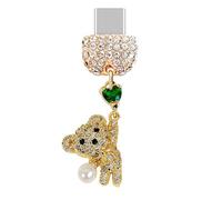 ELISE & FONDA TP956 Type-C Charging Port Crystal Anti Dust Plug Little 3D Crystal Teddy Bear with Love Heart Cell Phone Charm for iPhone 15/16/Samsung/OnePlus/Xiaomi/oppo Android Phones (Gold)