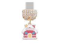 ELISE & FONDA TP992 Type-C Charging Port Crystal Anti Dust Plug Little Christmas House with Snow and Star Cell Phone Charm for iPhone 15/16/Samsung/OnePlus/Xiaomi/oppo Android Phones (Red)