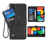 ELISORLI Compatible with Google Pixel 5 Wallet Case Wrist Strap Lanyard Leather Flip Card Holder Full Body Stand Cell Accessories Folio Purse Phone Cover for Pixel5 5G Pixle Five G5 Women Men-Black