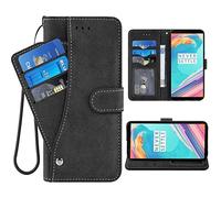 ELISORLI Compatible with Oneplus 5T Wallet Case Wrist Strap Lanyard Leather Flip Card Holder Stand Cell Accessories Phone Cover for OnePlus5T A5010 One Plus5T 1 Plus T5 1plus One+ + 1+ 1+5T-Black