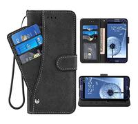 ELISORLI Compatible with Samsung Galaxy S3 Wallet Case Wrist Strap Lanyard Leather Flip Card Holder Stand Cell Accessories Phone Cover for Gaxaly SIII Neo Galaxies S III 3 3S GS3 I9300 Women Men-Black