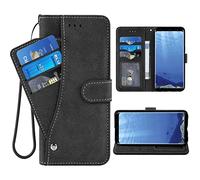 ELISORLI Compatible with Samsung Galaxy S8 Wallet Case and Wrist Strap Lanyard Leather Flip Card Holder Stand Cell Accessories Phone Cover for Glaxay S 8 Gaxaly 8S Edge SM-G950U Women Men-Black