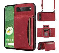 ELISORLI Phone Case For Google Pixel 7 5G Wallet Cover with Crossbody Shoulder Strap and Leather Credit Card Holder Pocket Slim Flip Purse Stand Cell Accessories Pixel7 Pixle Seven 6.3 Girls Red