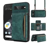 ELISORLI Phone Case For Google Pixel 7 Pro 5G Wallet Cover with Crossbody Shoulder Strap and Leather Credit Card Holder Pocket Slim Cell Accessories Pixel7Pro Pixel7 XL Seven 7Pro 6.7 Girls Green